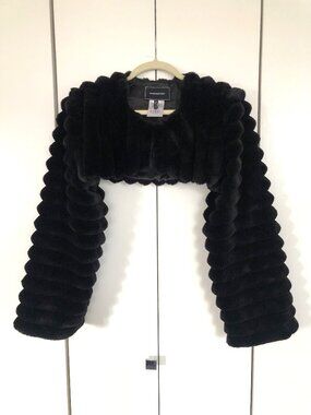 BCBG - Crop Black Faux Fur Sleeved Shrug Bolero Shawl Winter NYE Evening-Size M
